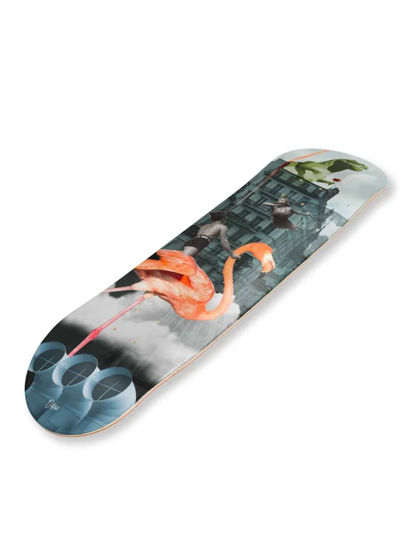 Planche de skateboard / skate art "Dino" représentant un collage