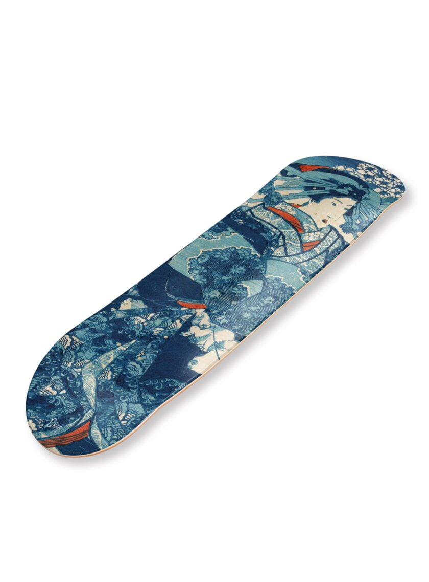 Planche de skateboard / skate art "Jasmin Blue" représentant une estampe japonaise